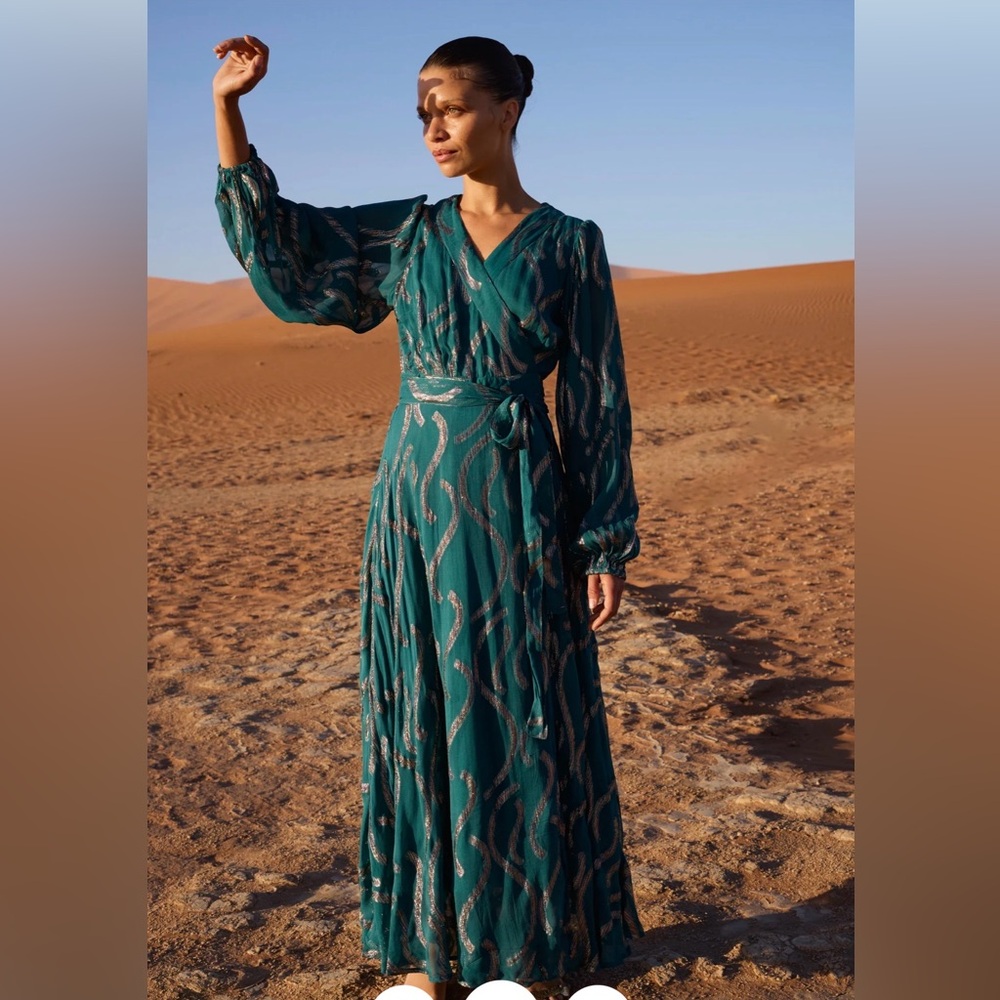 Oliphant Teal Metallic-Pattern Wrap Maxi Dress